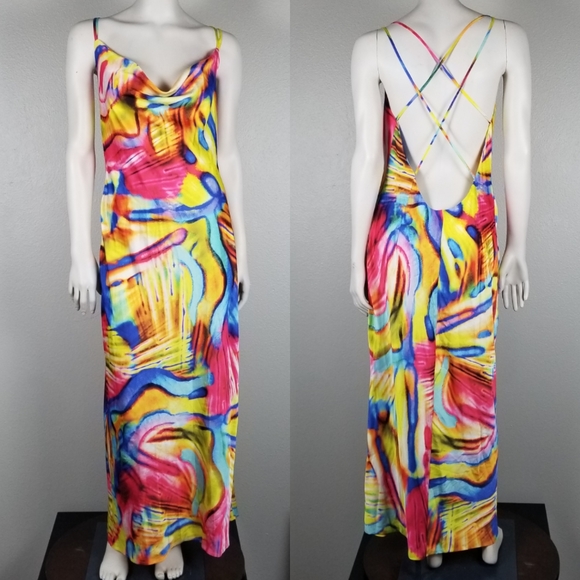 Cosel Anthos Vacation Coral Rainbow Psychedelic Exposed Back Midi Dress Sz 6 NWT - Picture 5 of 10